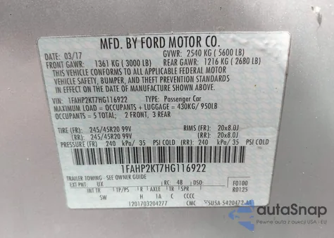 2017 Ford Taurus Sho из США, поврежденный, VIN 1FAHP2KT7HG116922